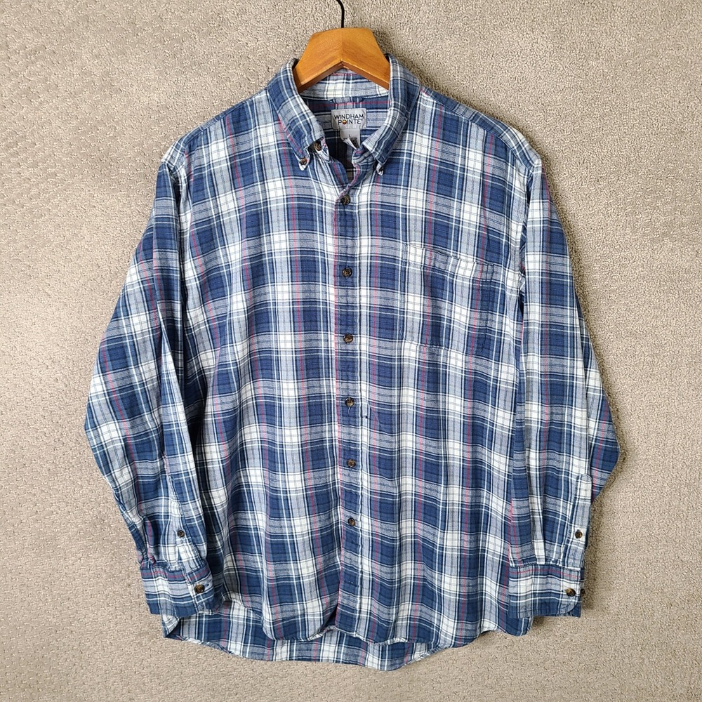 Windham Pointe Shirt Men L Blue Red Plaid Button Down Cotton Long Sleeve Flannel